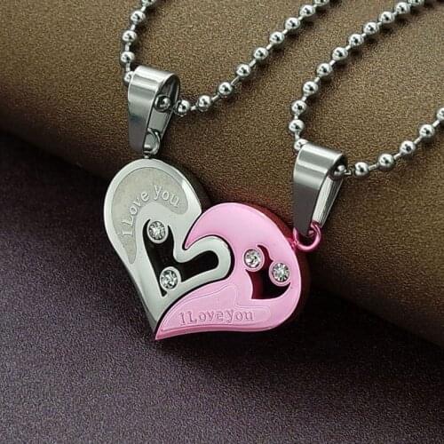 1Pair I Love You Black Gold Blue Pink Cat Crystal Heart Best Friend Couple Long Stainless Steel Chain Necklace Men Women Jewelry