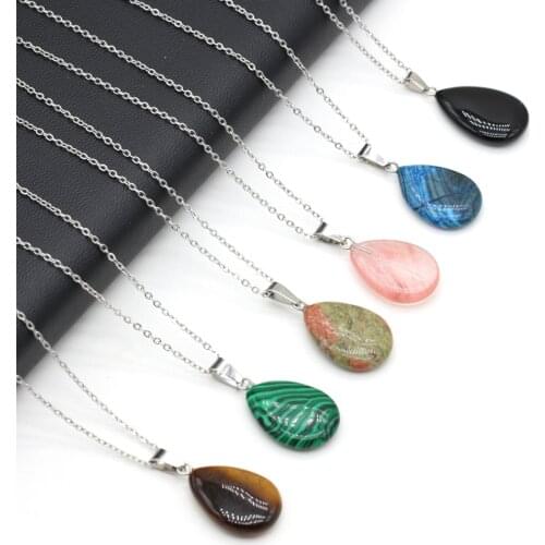 Natural Gemstone Drop-shaped Alloy Chain Blue Turquoise Tiger Eye Stone Rose Quartz Agate Necklace Exquisite Gift for Girlfriend