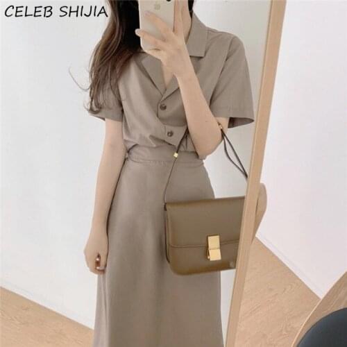 Chic 2 Piece Sets Woman Shirts and Skirts Summer Khaki Solid Short Sleeve Notched Collar Shirts and Skirts Lady Work Sets Korean