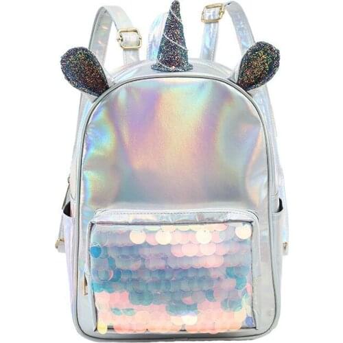 Unicorn kids bag for girls small backpack women silver holographic bag sequin women bag cartoon laser pu kawayi bags mochila