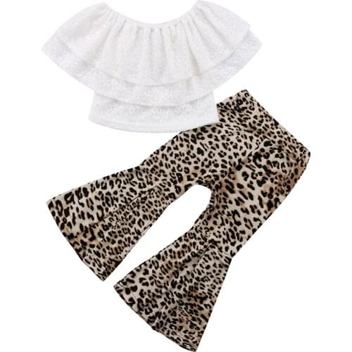 Toddler Baby Girl Leopard Clothes Set Kids Lace Top T-shirt Wide Leg Flared Bell Bottom Pants Outfits Set