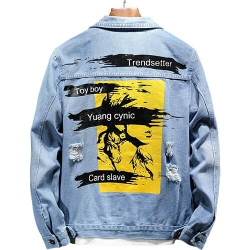 New denim clothes men trend denim jacket ripped Jeans Coats spring autumn Streetwear print letter Outerwear Casual Slim Tops