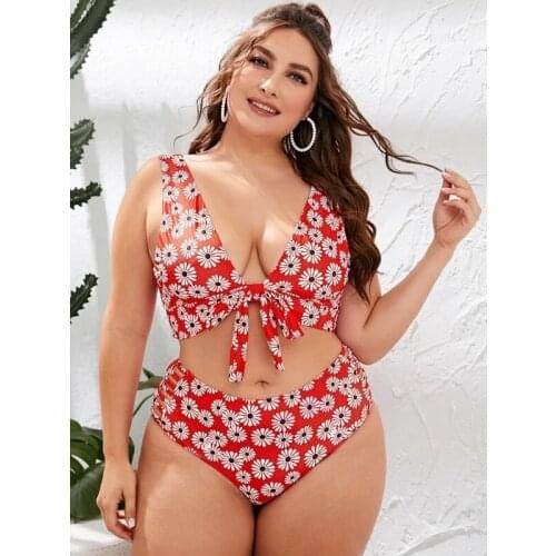 Sexy High Waist Large Sizes Swimwear Women New Tankini Two piece Swimsuit Push Up Floral Print Knot Bathing Suits Plus Size