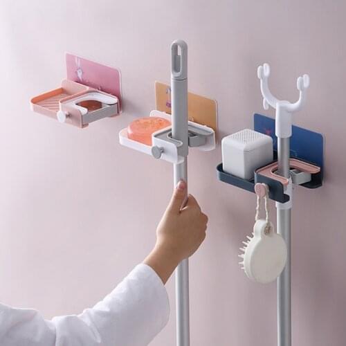 Multifunctional Wall Mounted Mop Clip with Shelf Hook Self Adhesive Hanging Rack Broom Holder Kitchen Bathroom Organizer