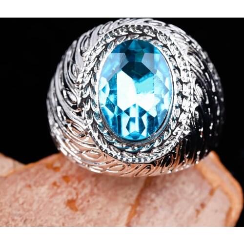Fashion Light Blue Crystal Stone Rings for Women Party Jewelry Accessories Silver Color Chunky Ring Punk Carved Pattern Gift