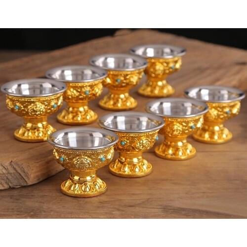 Gem Mosaic Pure Copper Drinking Bowl Brass Auspicious Tibetan Holy Water Cup Golden Buddhist Tea Bowl Homes Gift Decorative