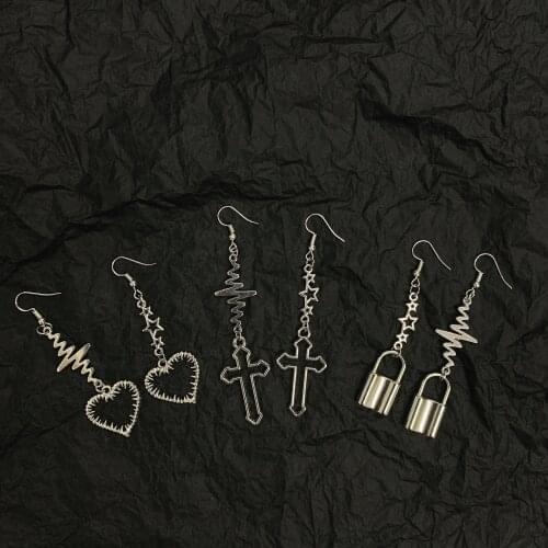 New Design Metal ECG Star Cross Lock Shape Drop Earrings for Women Female Fashion Ear Rings Jewelry Punk Thorns Heart Earring