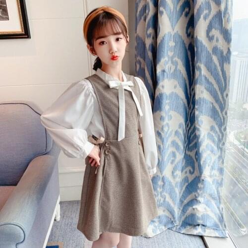 Girls outfits wholesale teenage girl fall white shirts and bow dress 2pcs sets for 4-14year kids clothes
