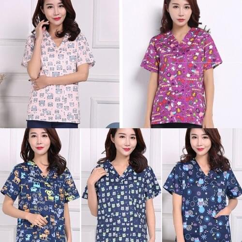 Print Womens Scrub Top V Neck 5 Colors Short Tunic 100% Cotton Nurse Work Wear Patch Pocket Pattern Nursing Suit M-CMYH-XSY