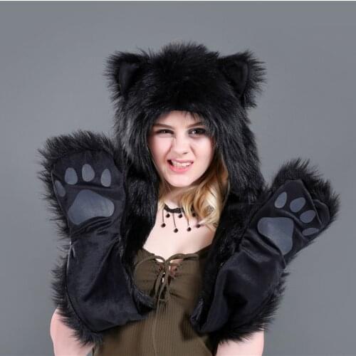 2020 Faux Fur Animal Hat Scarf Gloves Winter Mittens 3 In 1 Function Hoodie with Paws Ears Wolf Plush Warm Earmuff Animal Scarf