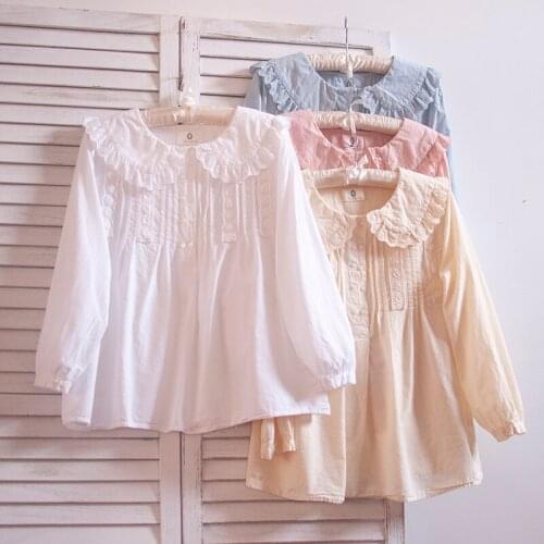 TIYIHAILEY Free Shipping 2021 New Spring Autumn Cotton Tops Women Tees White Japan Style Loose Embroidery Turn Down Collar