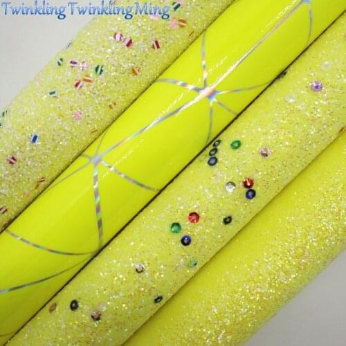 YELLOW Glitter Fabric with Sequins, Neon Glitter Leather, Iridescent Faux Leather Sheets For Bow A4 21x29CM Twinkling Ming XM990