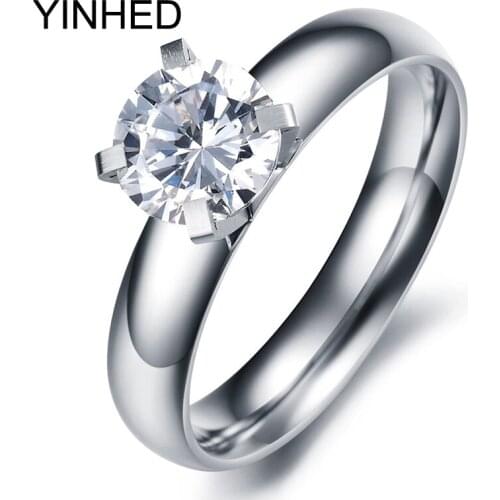 YINHED Never Fade Engagement Ring 2ct Round Cut Cubic Zirconia Wedding Rings For Women Fashion Titanium Steel Ring Jewelry ZR268