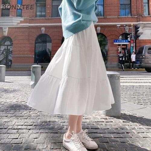 Skirts Women Plus Size 5xl Black White Streetwear Solid All-match Mujer Faldas Casual Mid-Calf 2021 New Teens Elastic High Waist