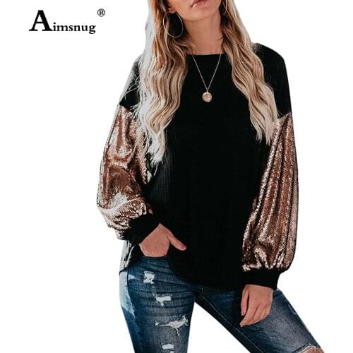 Women Elegant Leisure Casual T-shirt Patchwork Tops Loose Womens Clothing 2021 Spring Autumn New Knitting Sequined Shirt Femme