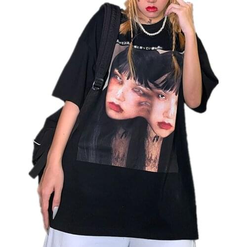 Women Gothic Clothes Horror Fujiang Character Print T-shirt Harajuku Short Sleeve Loose Tshirts Aesthetic Streetwear Plus 2XL