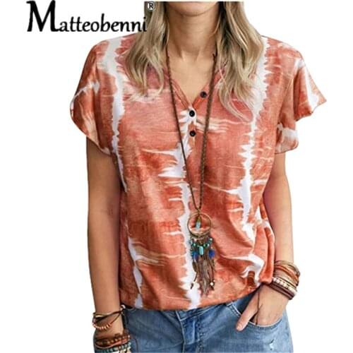 2021 Summer Womens New Loose Fashion Printed Button V Neck T-Shirt Ladies Casual Pullover Tops Streetwear Womens T-Shirts
