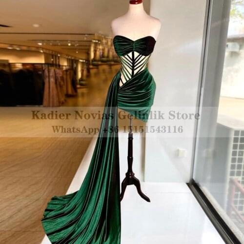 Womens Sexy Green Short Prom Dresses 2021 Sheer Neck Pleated Velvet Party Cocktail Dress With Long Train