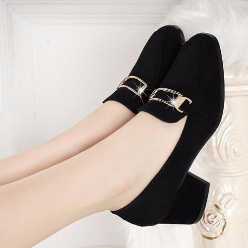 New Women Shoes Woman Pumps Metal Buckle Fashion Ladies Shoes Slip on Solid Flock Thick High Heels Work Casual Shoes Plus Size