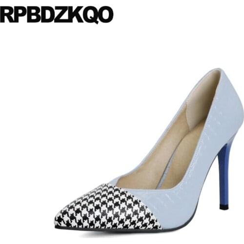 2021 13 45 12 44 Stiletto Plus Size Patent Leather High Heels Pumps Plaid Light Blue Women Shoes Snakeskin Extreme Pointed Toe