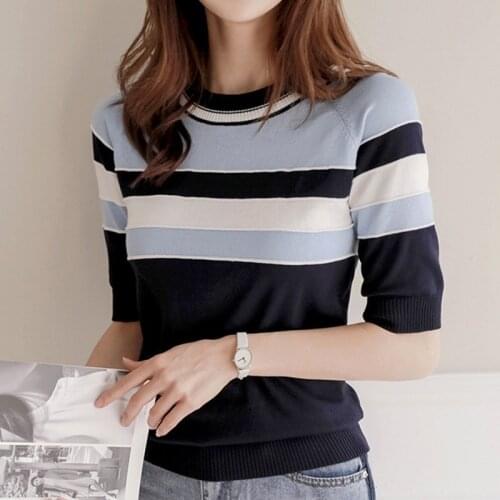 Striped ice silk sweater womens thin short sleeve slim fitting shirt 2020 new short medium sleeve top spring and summer