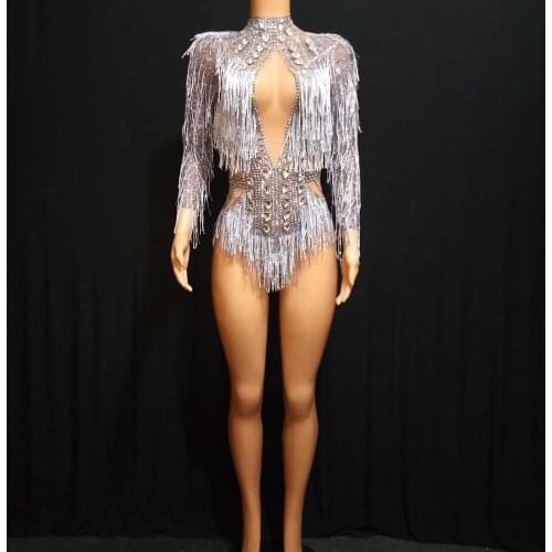 Nightclub Womens Silvery Crystals Tassle Long Sleeves Hollow Out Leotard Women Fashion Stage Costumes Female Pole Dance Clothes