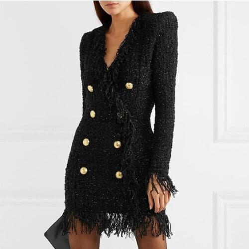 S-XXL high quality new fashion bright silk wool tassel lace double row metal button long sleeve V-neck dress black and white