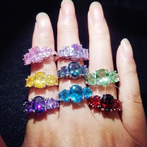 Lingmei Wholesale Hot Wedding Engagement Oval Pink Yellow Red Cubic Zircon Silver Color Ring For Women Jewelry Size 6-13 Gift