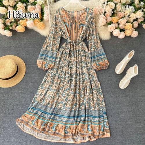 2021 spring New womens v collar flower print lantern sleeve chiffon dress female v-neck elegant National A-line dresses