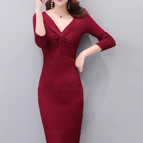 Sexy V-Neck Sweater-Dress Temperament Cultivate Fall Winter Package Hip Long In Knee Render Long Sleeve Knitting Cross Dresses