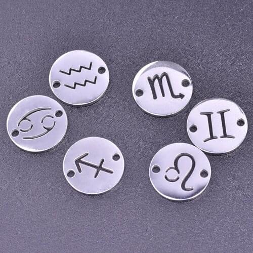 5Pcs/Lot Stainless Steel Hollow Out Round 12 Constellations Charms Connector Pendant Women Necklaces Anklet Jewelry Wholesale