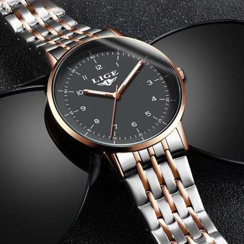 LIGE Mens Watches Top Brand Luxury Gold Quartz Watch Men Sports Waterproof Watch For Man All Steel Slim Grey Dial Date Clock+Box