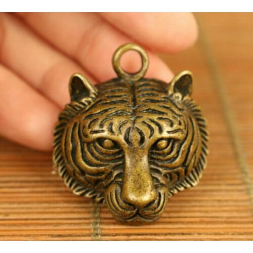 Chinese old bronze hand carving tiger head statue figure collect pendant netsuke