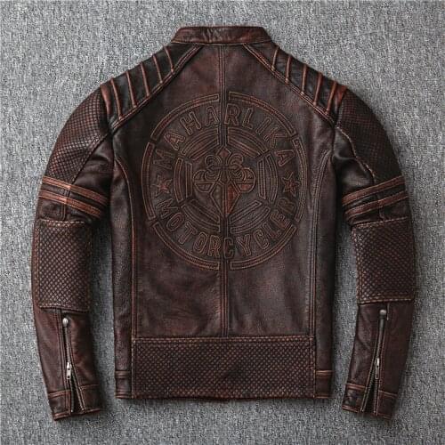 DHL Mens Genuine Cowhide Leather Jackets, Retro Motorcycle Jackets, fashion Slim-Fit Embroidered Leather Jackets Coat Plus Size