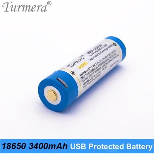 Turmera 18650 NCR18650B 3.7V 3400mah Protected Rechargeable Lithium Battery 2MOS Micro-USB Charging Port for Flashlight 4Pieces