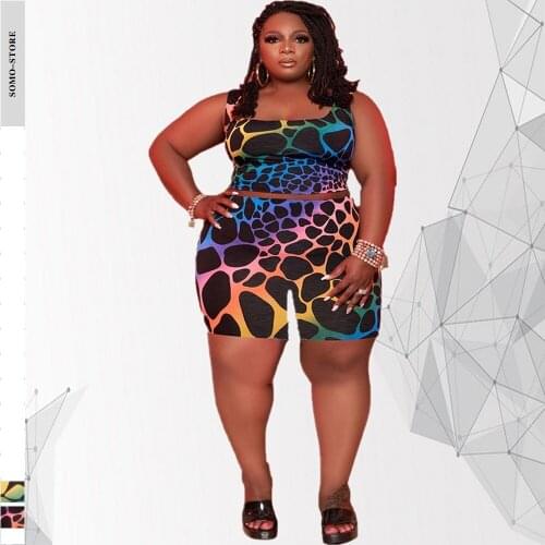 Fashion Womens Summer Sexy Square Collar Sleeveless Tops Print Bohemia Plus Size Casual Shorts Suit 5xl Wholesale Dropshipping