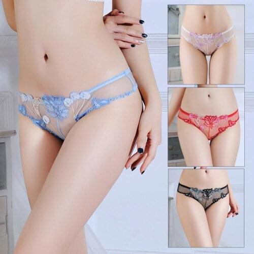 Underwear Transparent Embroidery Cotton Crotch Sheer Mesh Transparent Embroidery Thongs for Honeymoon