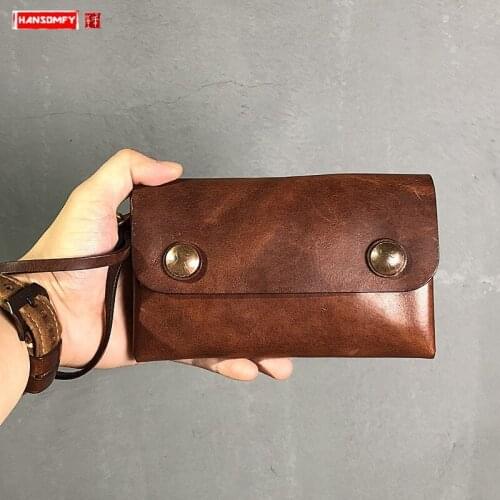 2021 New Handmade Leather Men Long Wallet Soft Leather Card Holder Purse Retro Old Snap Button Wallet Large Capacity Clutch Bag