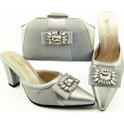 Special Style Nigerian Ladies Shoes And Bag Set African Design Matching Shoes And Bag Set high Heels Slipper in Silver