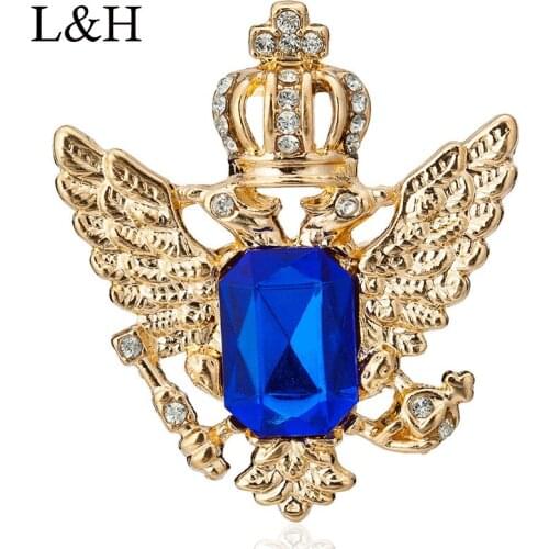 Vintage Crown Eagle Wing Pattern Collar Brooch Pin Luxury Blue Crystal Medal Spurs Needle Brooches For Women Men Suit Decor