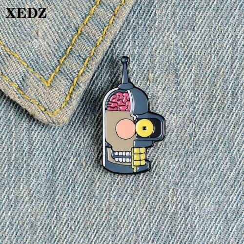 XEDZ robot mask teeth eyes personality enamel pin broken horror machine mask brain fun backpack badge lapel brooch jewelry gift