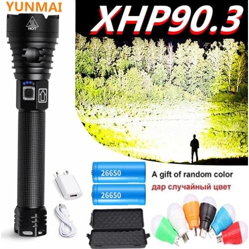 Brightest Aliexpress11.11 XHP90.3 most powerful led flashlight 80000LM usb Zoom Tactical torch xhp70 Rechargeable 26650 battery