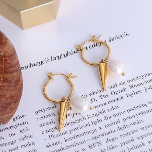 ALLNEWME Classic Irregular Genuine Pearl Pendant Earrings for Women Ladies Gold Color Alloy Cone Dangle Earrings Accessories