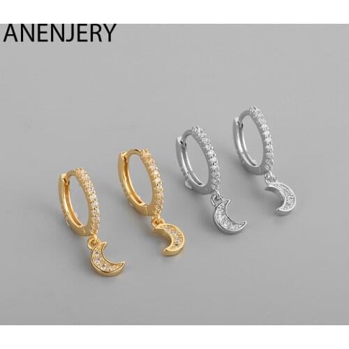 ANENJERY 925 Sterling Silver Small Moon Crescent Hoop Earrings Micro-inlaid Zircon for Women Shiny Party Jewelry S-E1449