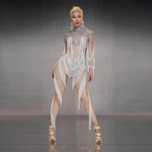 Women Tassels 3D Printed Jumpsuit Romper Long Sleeve One Piece Skinny Outfit Fringes Dance Costume Female Performance Stage Wear