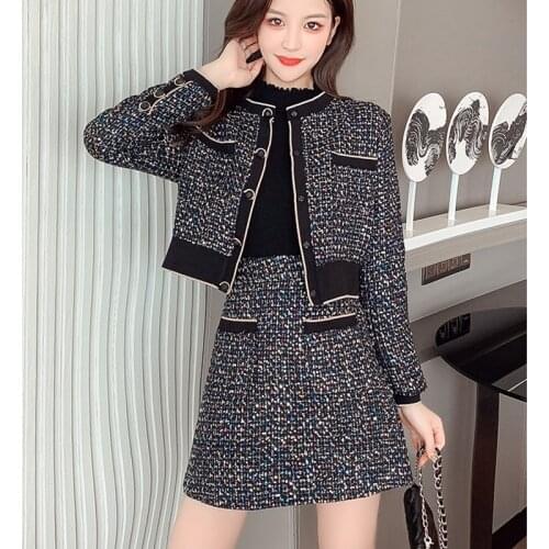 Runway Womens High Quality Plaid Tweed Skirts Suit 2021 Autumn Long Sleeve O-Neck Office Jacket + Skirt 2 Pieces Sets Suits
