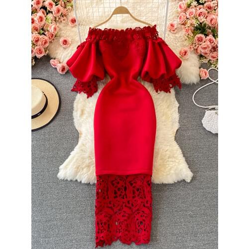 Sexy Hollow Out Lace Bodycon Long Dress Women Elegant Red/Pink/White Off Shoulder Patchwork Maxi Party Vestidos 2021 Autumn New