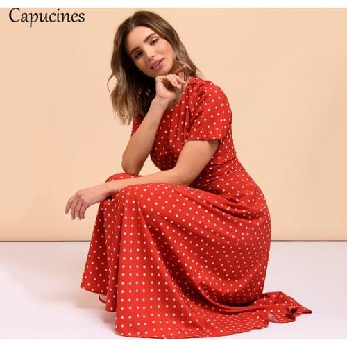 Capucines New Red Polka Dot Print Long Dress 2021 Summer Short Sleeve O Neck Slim Elegant Vacation Dresses For Women Vestidos