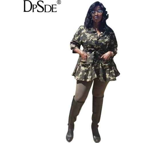 DPSDE Camouflage Print Casual Women Coat Full Sleeves Big Yard Skinny Coat With Belt New 2020 Autumn Turn Down Collar Outwear