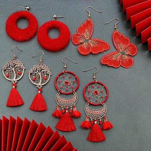 2021 Trend Earrings Long Drop Fashion Red Fringed Long Fashion Tassel Earrings For Girls Dream Catcher Flower Earrings Gifts